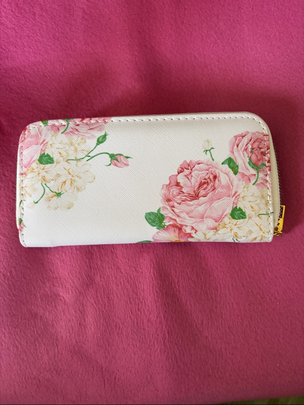 Floral Zip-Around Wallet - White with Pink Roses